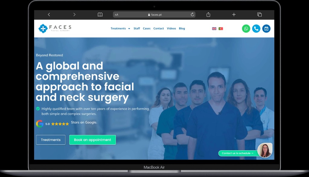 Mockup do site Faces Facial Surgery (faces.pt) no MacBook, criado pela WE Marketing Digital